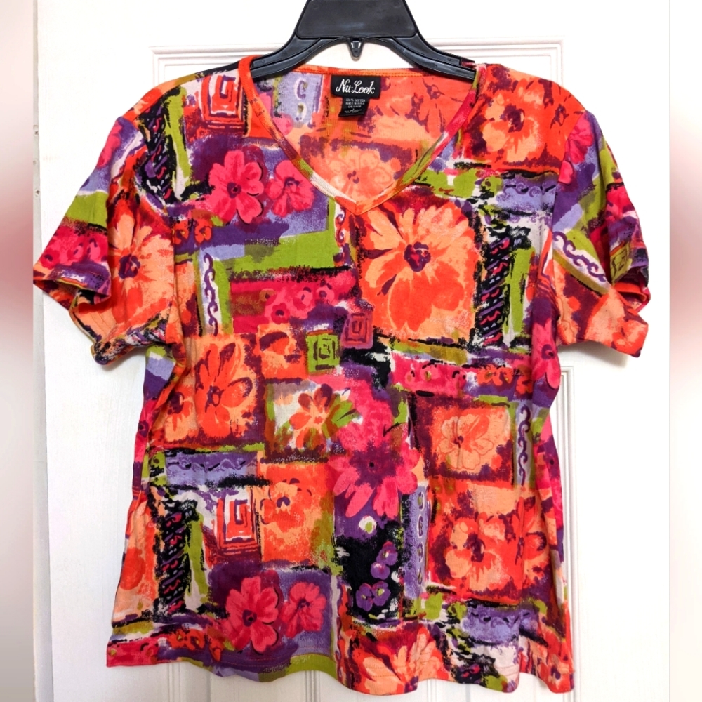 🌴Retro Bright V-Neck Short Sleeve Top,Women Large